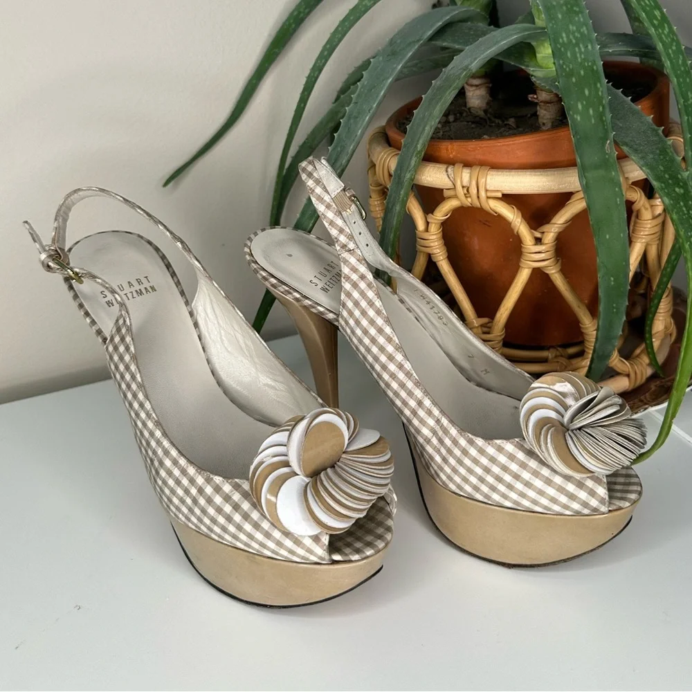 Stuart Weitzman Gingham Slingback Heels 7M | Platform Peep Toe Floral Bow - Picture 2 of 14